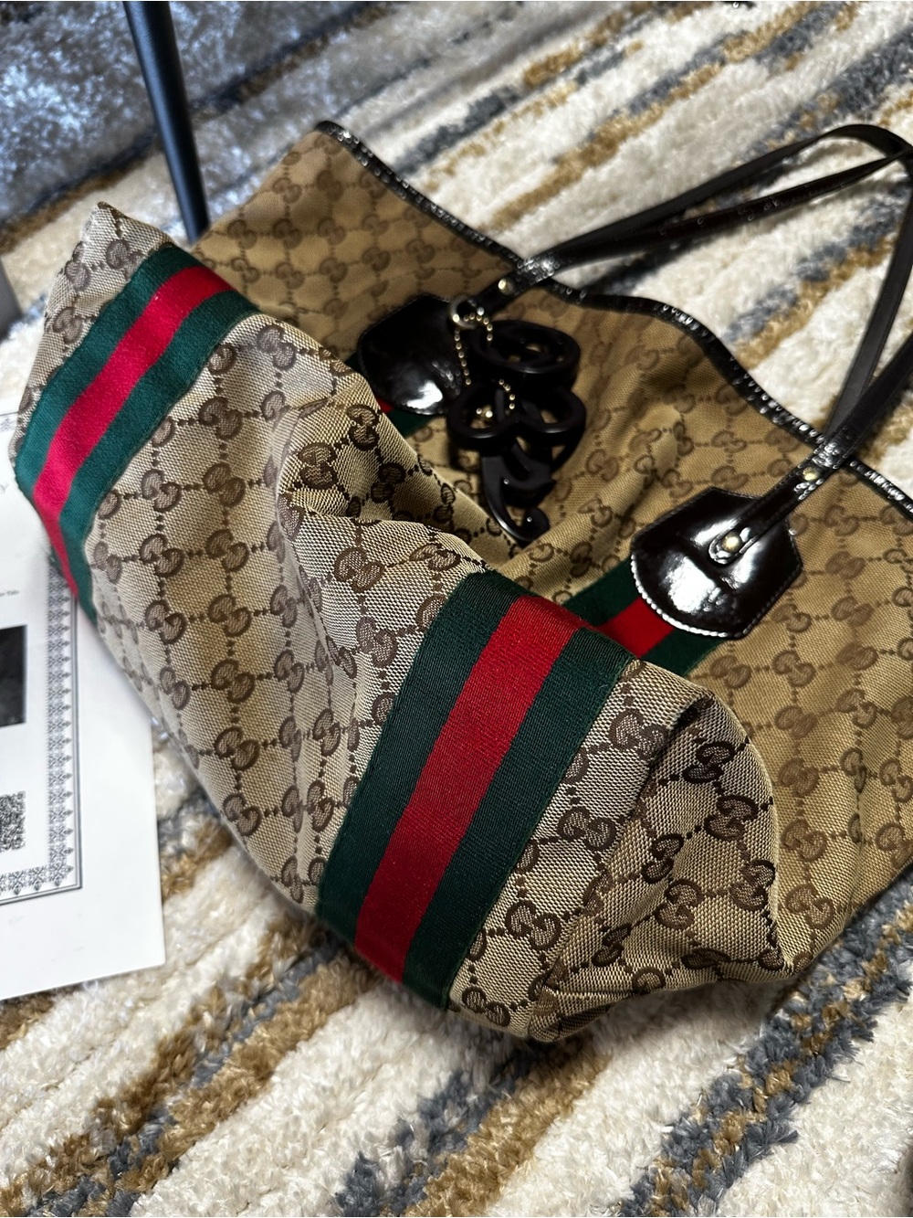 AUTHENTIC Vintage Gucci Brown Monogram Tote Green & Red Web Stripes & COA - Picture 11 of 11